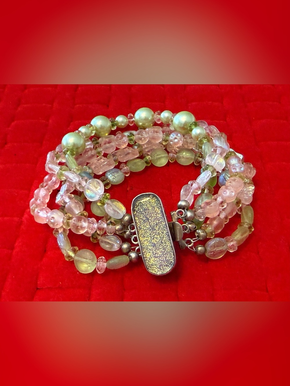 925 Pastel Vintage Multi -Strand Pink and Pale Green Beaded Bracelet